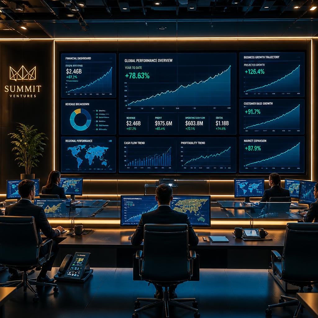 Photorealistic image of a modern command center with large wall-mounted screens displaying rising performance graphs, financial dashboards and business growth trajectories, dark navy interior with warm golden and teal glow accents, cinematic lighting, ultra high definition